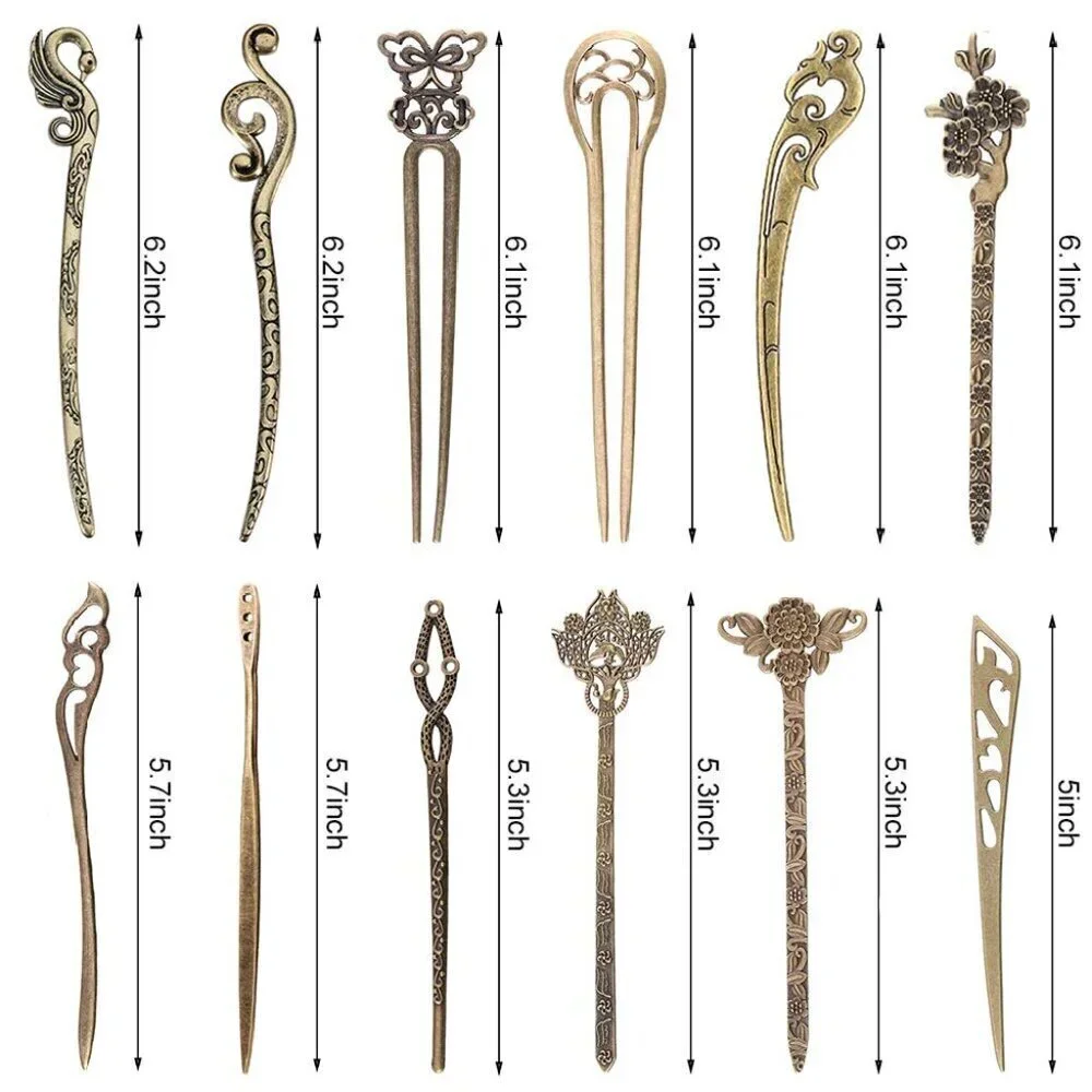 24 Pieces Chinese Women Hair Sticks, 12 Styles Vintage Bronze Decorative Hair Pi